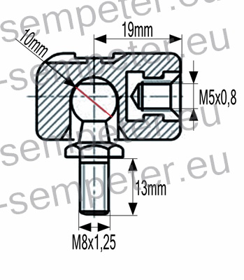 PRIKLJUČEK AMORTIZERJA PVC M5 s priključkom M8; M5x0.8 = notranji navoj priključka; M8x1.25 = zunanji navoj bučke; zev ključa=13mm; L=19mm