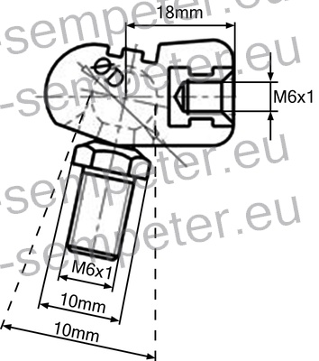 PRIKLJUČEK AMORTIZERJA PVC M6 s priključkom M6 ukrivljen 20°; M6x1 = notranji navoj priključka; M6x1 = zunanji navoj bučke; zev ključa=10mm; L=19mm