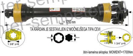 KARDAN PRIKLJUČKA Z UTORNO CEVJO S SKLOPKO ŠTIRILAMELNO 1700Nm kpl 1 3/4 z=6 SPT