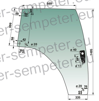 STEKLO KABINE VRAT desno (tonirano zeleno) (NT - novi tip) PF MF - MASSEY FERGUSON