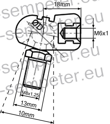 PRIKLJUČEK AMORTIZERJA PVC M8 s priključkom M8 ukrivljen 20°; M6x1 = notranji navoj priključka; M8x1.25 = zunanji navoj bučke; zev ključa=13mm; L=19mm