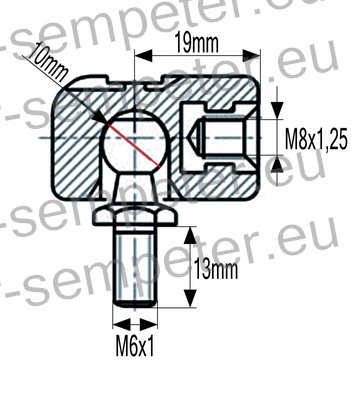 PRIKLJUČEK AMORTIZERJA PVC M8 s priključkom M6; M8x1.25 = notranji navoj priključka; M6x1 = zunanji navoj bučke; zev ključa=10mm; L=19mm