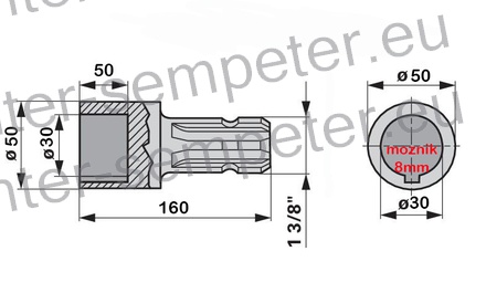 PODALJŠEK KARDANA fi=30 zagozda (moznik) 8mm - 1 3/8" z=6 (ženski del: gred fi=30 zagozda 8mm) (moški del: 1 3/8˝ z=6 kar pomeni standardni kardanski priključek)
