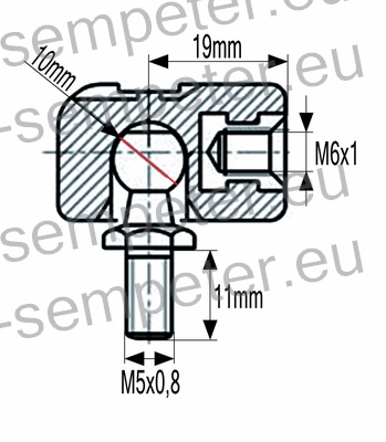 PRIKLJUČEK AMORTIZERJA PVC M6 s priključkom M5; M6x1 = notranji navoj priključka; M5x0.8 = zunanji navoj bučke; zev ključa=10mm; L=19mm
