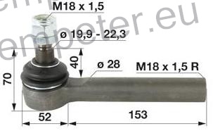 ZGLOB VOLANA notranji desniM18x1.5mm K19.9mm L=175 MF - MASSEY FERGUSON 133 - 135 - 148 - 230 - 240 - 250 STEYR 8095AP