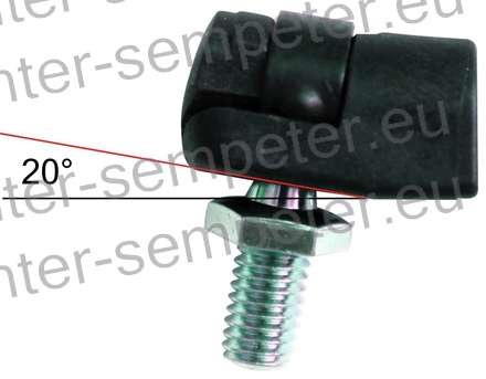 PRIKLJUČEK AMORTIZERJA PVC M8 s priključkom M8 ukrivljen 20°; M6x1 = notranji navoj priključka; M8x1.25 = zunanji navoj bučke; zev ključa=13mm; L=19mm