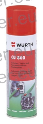 SPREJ MAST 1/300ml BAKRENA - CU800 WÜRTH • Visokotemperatu rno odporna mast z dodatkom bakra, dobra odpornost na obremenitve z visoko močjo lepljenja. • Temperaturna odpornost od - 40°C do +1200°C. • Ne vsebuje silikona in AOX.