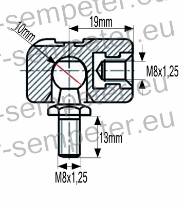 PRIKLJUČEK AMORTIZERJA PVC M8 s priključkom M8; M8x1.25 = notranji navoj priključka; M8x1.25 = zunanji navoj bučke; zev ključa=13mm; L=19mm