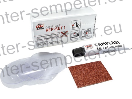 KRPA TIP TOP CAMPLAST REP - SET 1 grt - Komplet vsebuje: 2x krpa št. O 35 mm, 1x krpa št. O 45 mm, 1x krpa št. O 73 x 38 mm D x Š, 1x Tuba Camplast cement 6g, 1x Brusni element, 1x Navodila za uporabo.