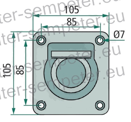 NOSILEC - OBROČ - RINKA ZA PRITRDITEV (razmak med luknjami 85x85 mm) 105x105mm TOVORA 800daN Z VZMETJO AVTOPRIKOLICE Zunanje mere 105 x 105 mm. Razmik lukenj 85 x 85 mm. Vgradna globina 23 mm. Premer izvrtine 8 mm. NI HOMOLOGIRAN