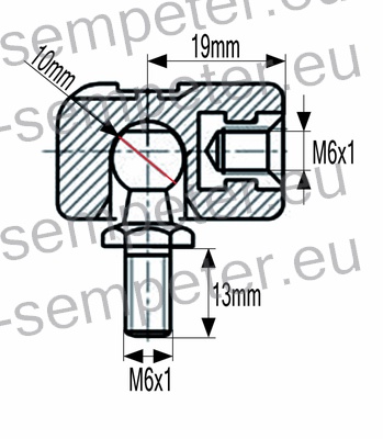 PRIKLJUČEK AMORTIZERJA PVC M6 s priključkom M6; M6x1 = notranji navoj priključka; M6x1 = zunanji navoj bučke; zev ključa=10mm; L=19mm
