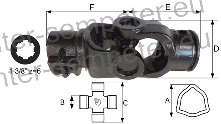 ZGLOB PRIKLJUČNI KARDANA T2 za zunanjo cev A=43.5 križ: 23.8x61.3 D=72 E=100 F=92