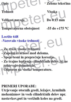 LEPILO LOCTITE 648 1/250ml ZA TESNJENJE CEVNIH ZVEZ