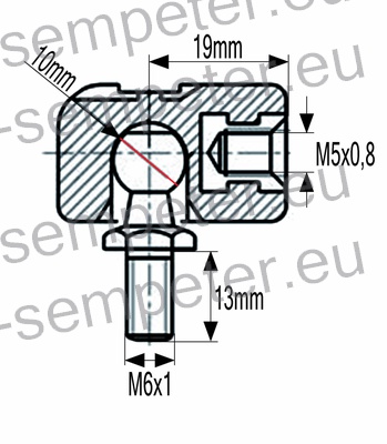 PRIKLJUČEK AMORTIZERJA PVC M5 s priključkom M6; M5x0.8 = notranji navoj priključka; M6x1 = zunanji navoj bučke; zev ključa=10mm; L=19mm