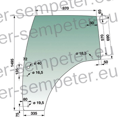 STEKLO KABINE VRAT desno (tonirano zeleno) (ST - stari tip - kljuka je pravokotne oblike) LANDINI POWERFARM 65 CORMICK ORIGINAL